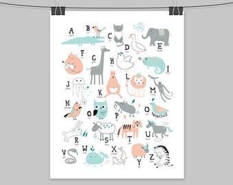 Animal Alphabet Wall Art: Teal and Peach Nursery Print