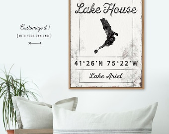 Modern Lakehouse Decor, Rustic Farmhouse, Personalized Boho Canvas Sign, Custom Lake House Coordinates Print, Lake Ariel Wall Art Gift {lgw}