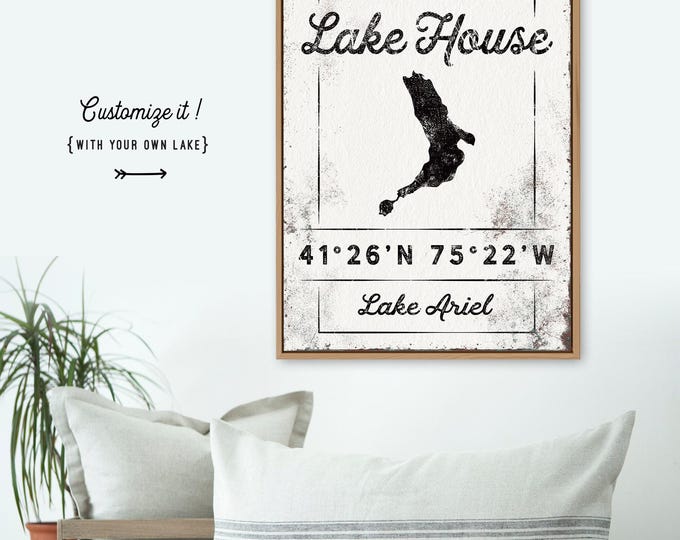 Modern Lakehouse Decor, Rustic Farmhouse, Personalized Boho Canvas Sign, Custom Lake House Coordinates Print, Lake Ariel Wall Art Gift {lgw}