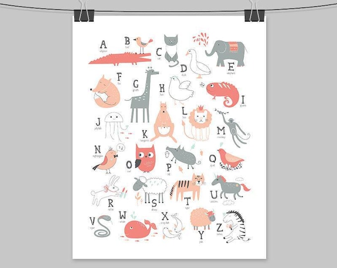 Alphabet Wall Art Print: Coral Animal Letters - Nursery Decor