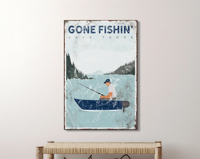 nautical gone fishin' sign > navy blue boat art for Lake Tahoe lake house decor, coastal canvas print, nautical fishing gift for him {vpl}