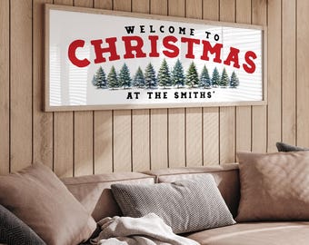 Christmas Welcome Sign with Custom Family Name, Large Framed or Unframed Canvas Wall Art for Above Couch, Christmas Keepsake Gift for Mom