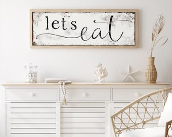 Let's Eat Wall Art: Vintage Style, Black on Distressed White (Canvas or Paper)
