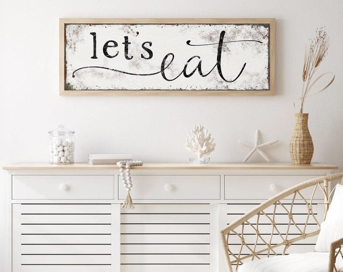 Let's Eat Wall Art: Vintage Style, Black on Distressed White (Canvas or Paper)
