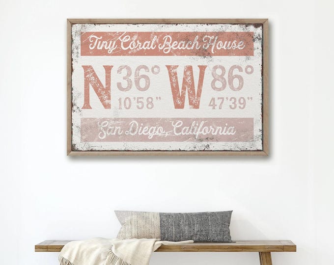 Personalized Coordinates Wall Art - Coral Pink Beach House Decor