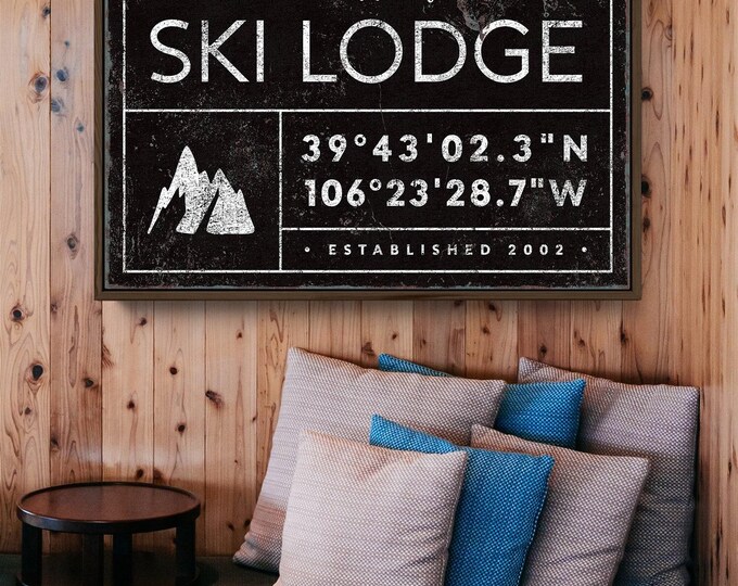 rustic SKI LODGE canvas print, personalized last name sign for farmhouse decor, ski house GPS coordinates, black and white wall art {gdb}