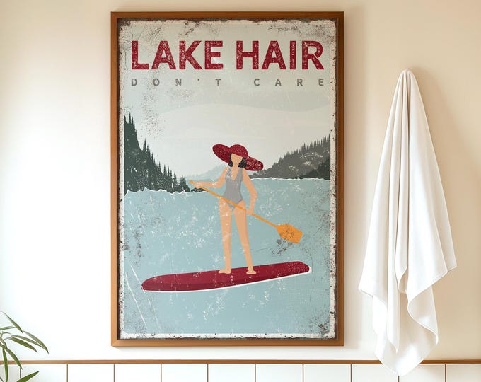 Retro Paddleboarding Poster: Personalized Lake Wall Art in Maroon Coral