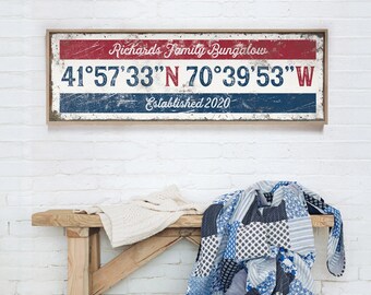 nautical COORDINATES canvas > vintage vacation home decor gift, red & blue bungalow art, personalized longitude latitude GPS art print {grw}