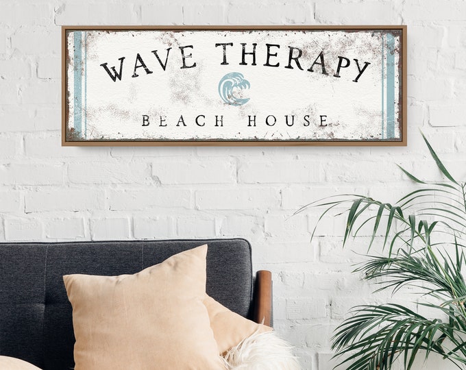 Vintage Beach House Canvas Print, Curved Text and Stripes, Custom Beach Art, Wave Therapy Text and Seashell Icon Shown, Tide on White {ctw}