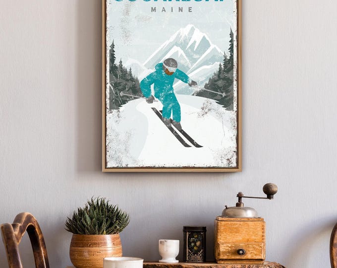 Vintage Ski Sugarloaf sign • Teal mountain poster art • Vintage Maine travel wall art canvas • Ski gift for husband • Skiing decor {vpw}