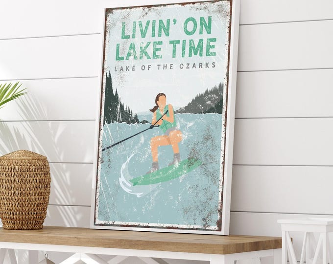 mint green LIVIN' On LAKE TIME sign > wake boarding gift for her, personalized wakeboard poster for Lake of the Ozarks {vpl}