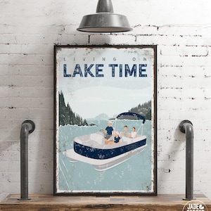 navy blue LIVING on LAKE TIME canvas • Family of 4 • personalized pontoon boat art for lake house decor • vintage farmhouse decor  {vpl}