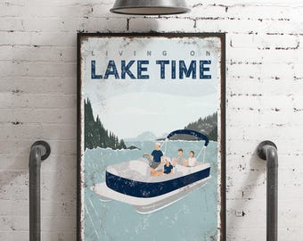 navy blue LIVING on LAKE TIME canvas • Family of 4 • personalized pontoon boat art for lake house decor • vintage farmhouse decor  {vpl}