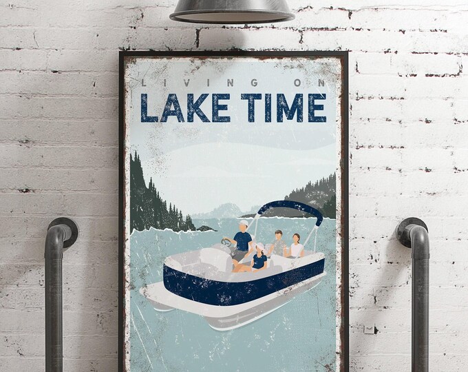 navy blue LIVING on LAKE TIME canvas • Family of 4 • personalized pontoon boat art for lake house decor • vintage farmhouse decor  {vpl}