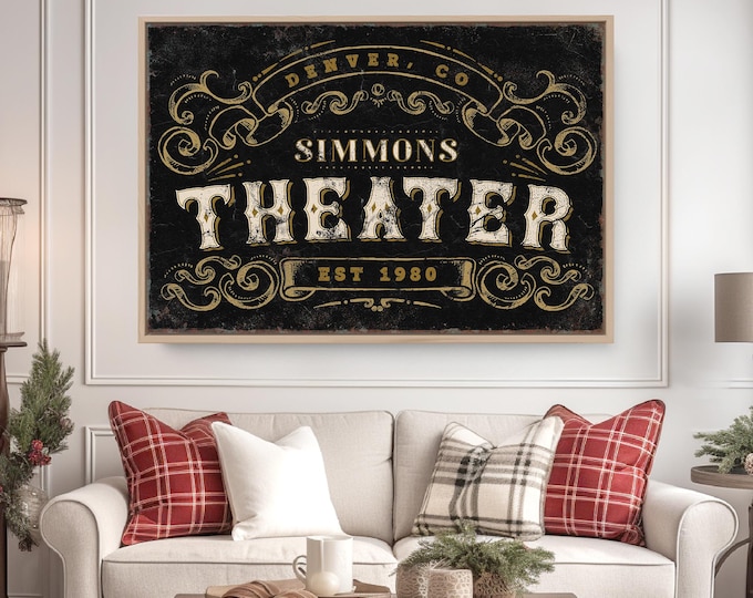 Retro Family Sign, Vintage Home Decor, Home Theater Sign, Custom Rustic Wall Art, Personalized Theater Decor, Gift for Husband or Him