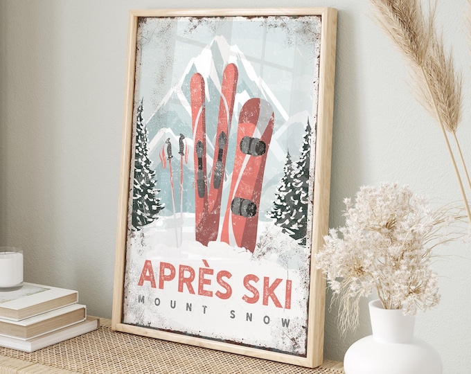 Ski Mountain Art, Winter Wall Art, Apres Ski Decor, Vintage Coral Poster, Mount Snow Vermont Scene, Snowboard Gift, Lodge Decoration {vpn}