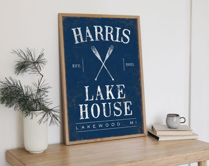 Canoe Paddles Lake House Sign, Navy and White, Personalized with Your Family Name