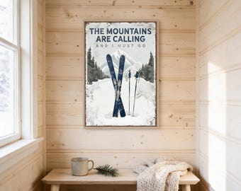 The Mountains Are Calling Poster - Vintage Navy Blue Ski Canvas