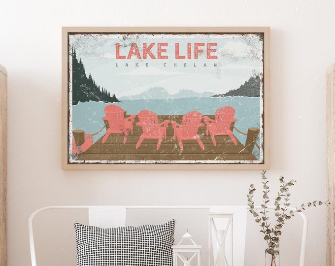 Lake Cottage Sign With Your Own Lake Name, Coral Pink Chairs On The Dock