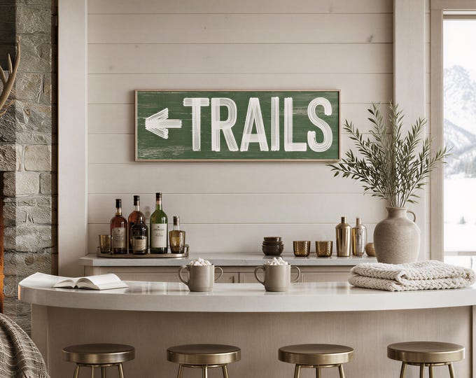 Vintage Ski Sign with Green Trails Arrow, Weathered Wood Look Canvas or Aluminum Print