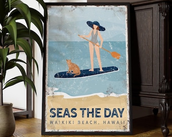 Navy Paddleboard Sign - Woman and Cat, Vintage Hawaiian Beach Art