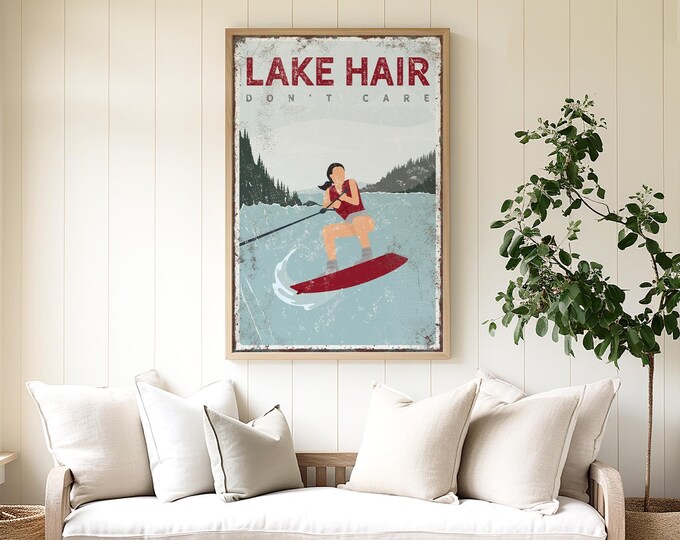 Red Lake Art Wall Decor, Waterski Woman On A Lake, Vintage Retirement Lake Gift