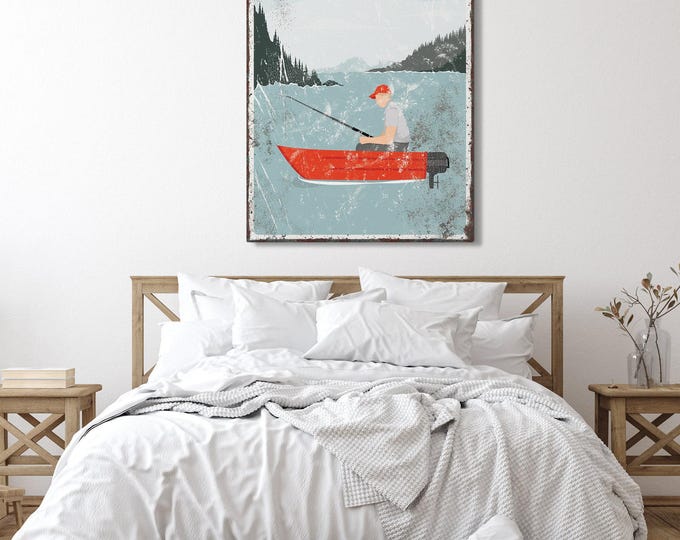 personalized gone fishin' sign > vintage boat art for Lake Winnipesaukee nautical decor, coastal canvas print, fishing gift for him {vpl}
