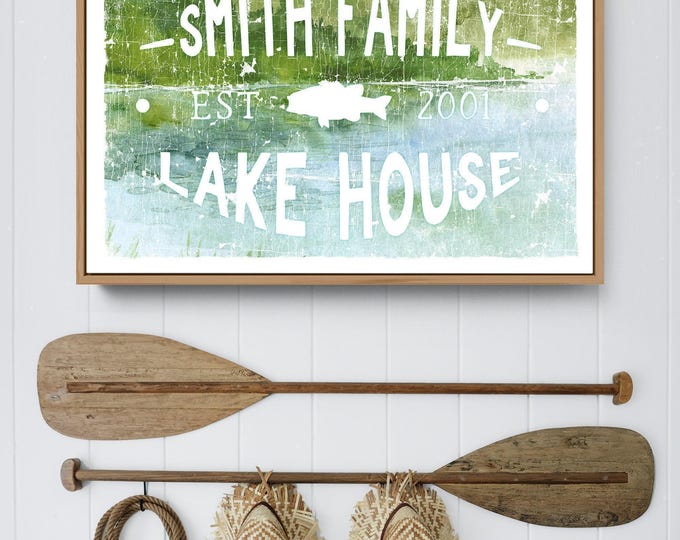 Bass Fish Wall Art, Green Blue Watercolor Lake Scene, Custom Family Name Sign
