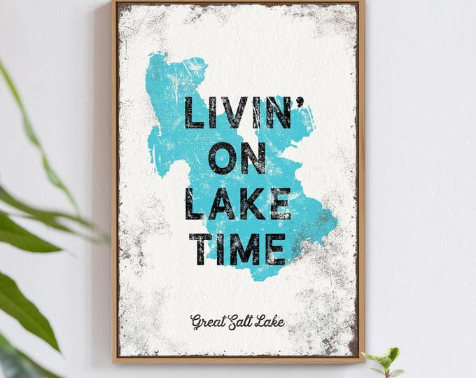 Lake Time Sign, Aqua Lake Silhouette Wall Art, Custom Text Cream and Black Decor