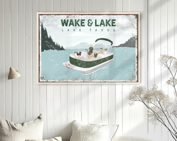 Vintage Lake House Sign - Family Pontoon Boat with Shih Tzu Dog