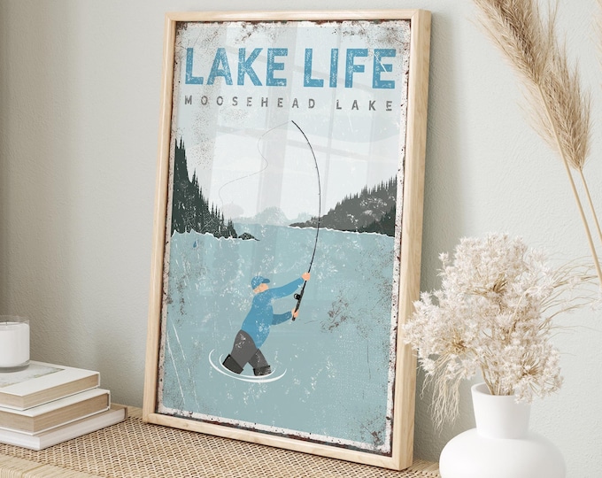 Rustic Lake Life Sign, Personalized Fishing Decor (Custom Text Options)