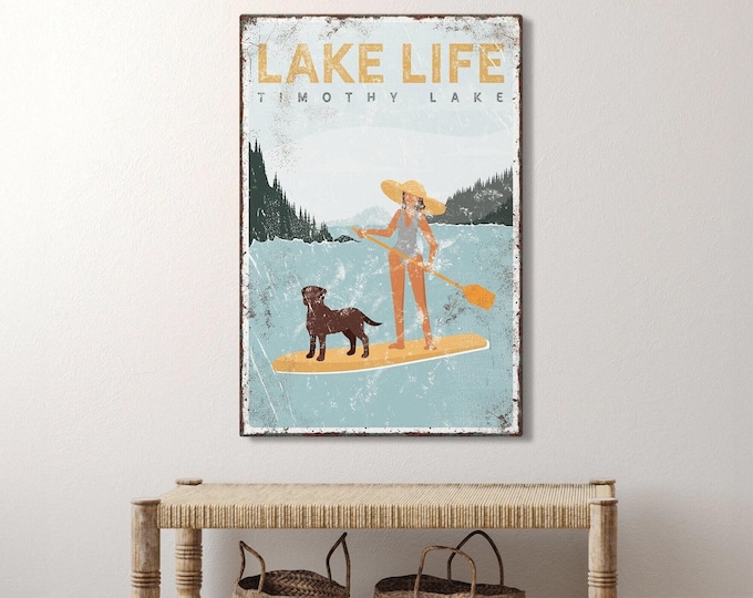 paddleboard LAKE LIFE sign with chocolate lab • personalized dog • SUP Lake Timothy • yellow lake house decor {vpl}