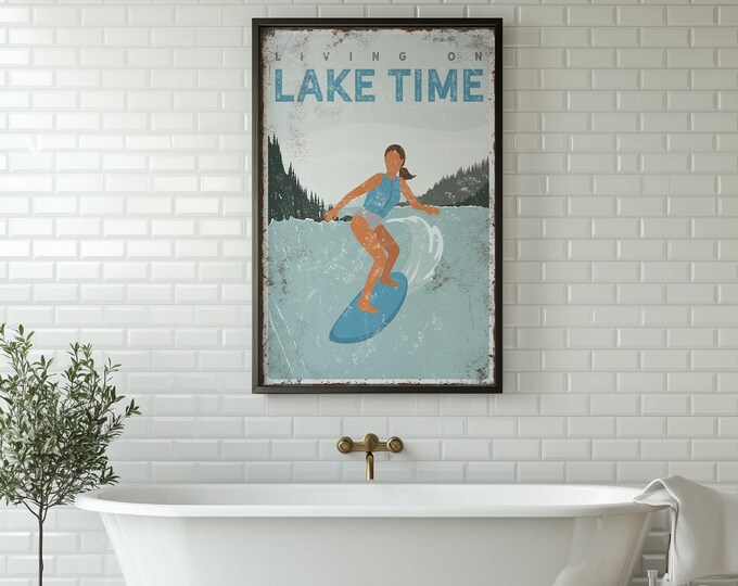 Lake House Decor, Wake Surfer, Personalized Decor, Lake Time Wall Art, Cerulean Blue Surfboard Print, Gift for Her, Outdoor Display {vpl}
