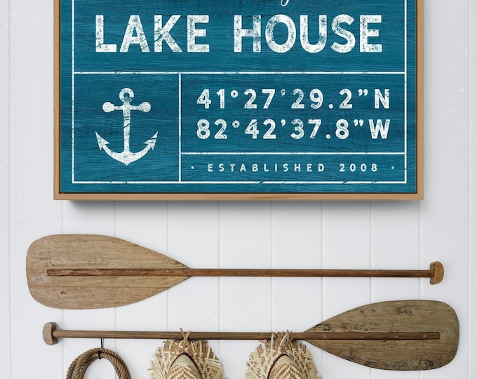 Lake House Sign With Your Family Name Coordinates And Year In Navy Blue
