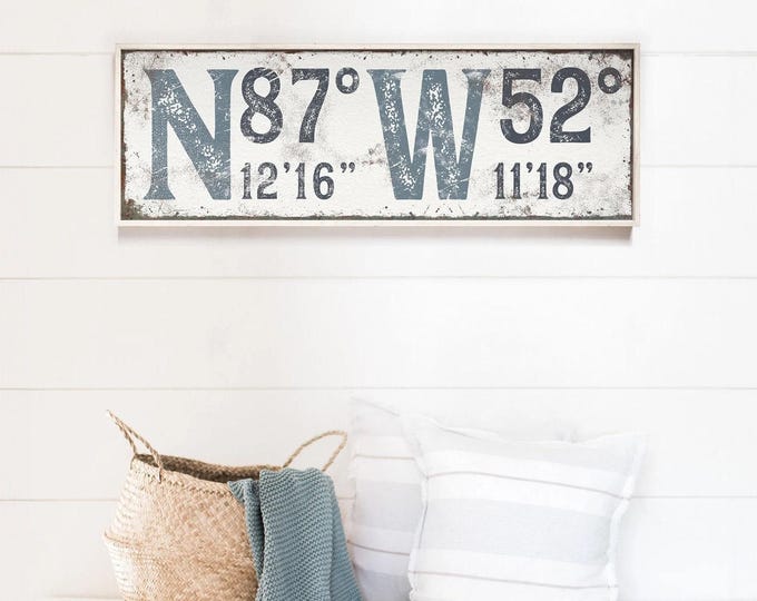 Large slate name sign with navy latitude and longitude coordinates, custom GPS art