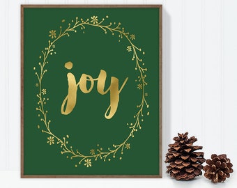 joy poster / wall art print DIY / christmas decoration / GOLD WREATH / calligraphy, gold and green ▷digital printable sign