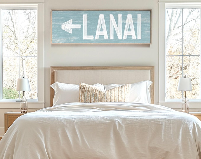Lanai Wall Sign in Weathered Blue, Custom Text and Arrow Direction, Coastal Porch Decor
