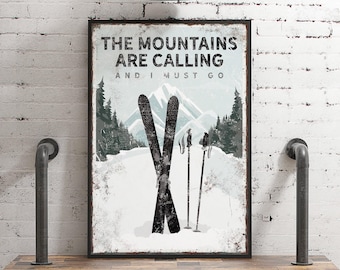 The MOUNTAINS ARE CALLING Ski Poster, Ski Mountain Wall Art, Can be Personalized, Ski Gift for Dad, Black and White Ski Decor {vpw}