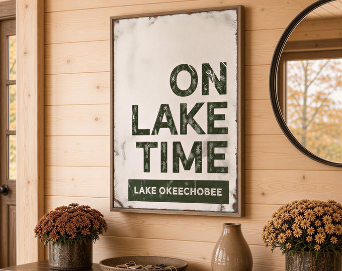 Green Lake On Lake Time Sign, Custom Lake Name, Dark Green Wall Decor