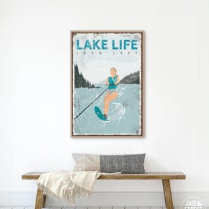 personalized LAKE LIFE sign &gt; custom water skiing poster for lake house decor, slalom water ski gift for her, teal vintage lake art {vpl}
