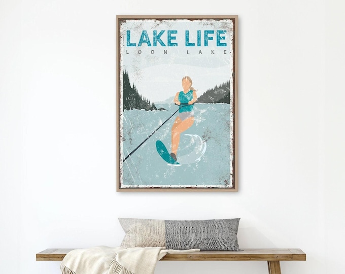 personalized LAKE LIFE sign > custom water skiing poster for lake house decor, slalom water ski gift for her, teal vintage lake art {vpl}