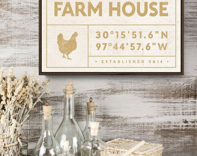 french FARM HOUSE sign, rustic family name canvas for boho farmhouse decor, custom GPS location, antique distressed wall art {gdo}