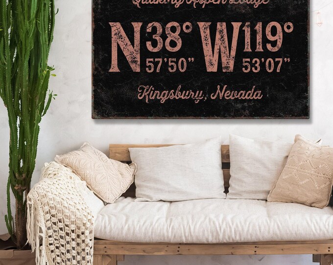 Custom Lodge Sign, Vintage Cabin Coordinates, Coral Pink (Personalized)