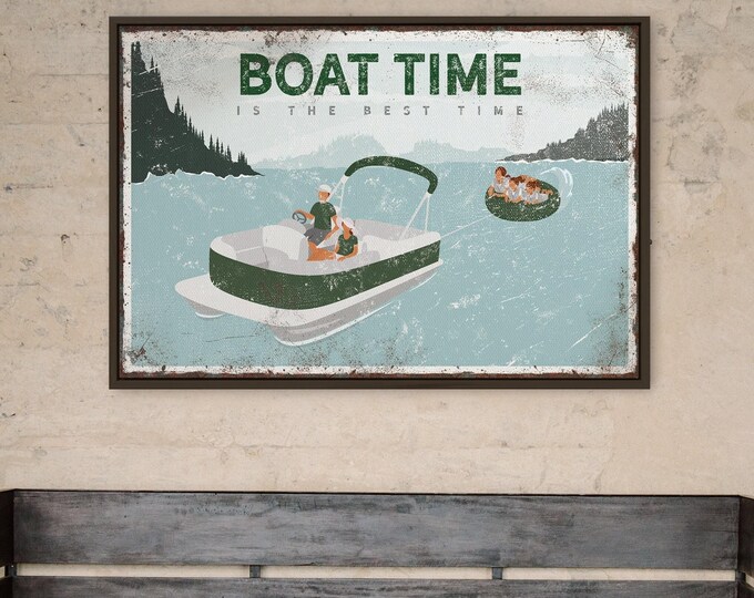 Family Lake Sign: Vintage Boat Art (Custom Text, Rustic Style)