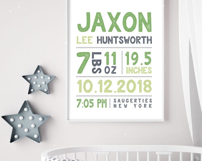 Birth Stats Wall Art: Custom Baby Name Sign (Green and Gray)