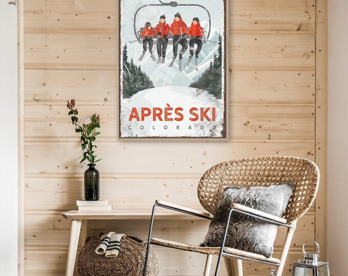 Apres Ski Sign, Vintage Red Chairlift Wall Art, Personalized Colorado Lodge Decor