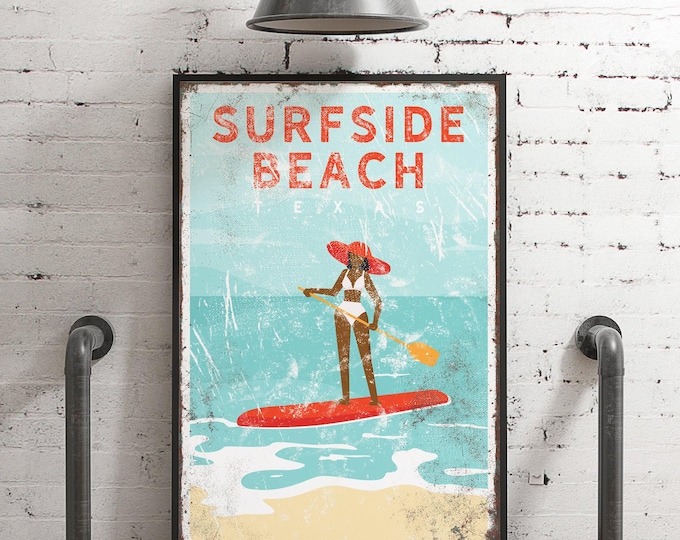 vintage paddleboard art for beach house decor > personalized paddle-boarding canvas for nautical beachhouse decor, Surfside Beach sign {vpb}