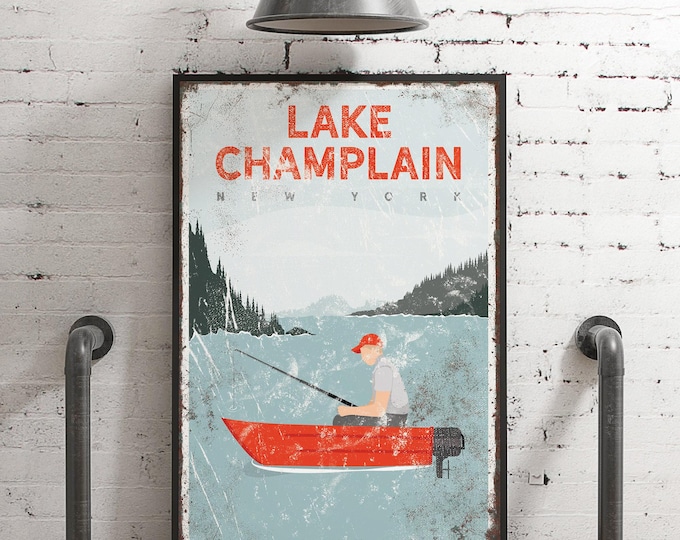 vintage fishing sign > Lake Champlain, personalized fishing boat art for lake house decor, coastal canvas print, nautical gift for him {vpl}