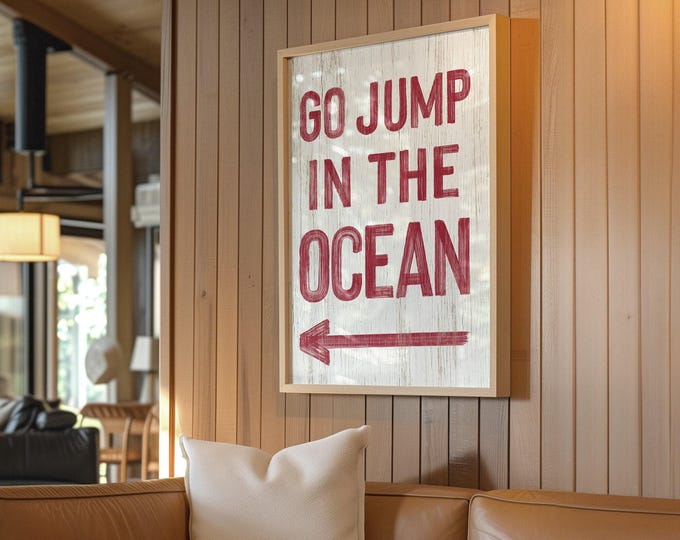Red Ocean House Sign, Retro Go Jump In The Ocean Wall Art, Distressed Beach Decor