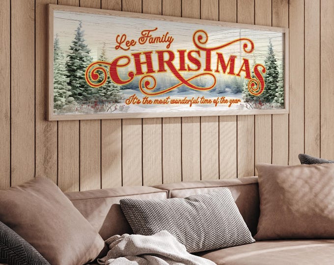 Winter Landscape Sign, Personalized Family Christmas in Red and Gold Script with Snowy Pines